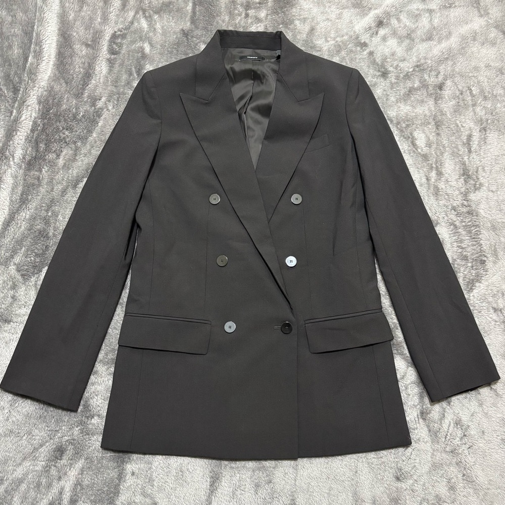 Theory Blazer Women’s 0 Black Double Breasted Sevona Stretch Virgin Wool Lined